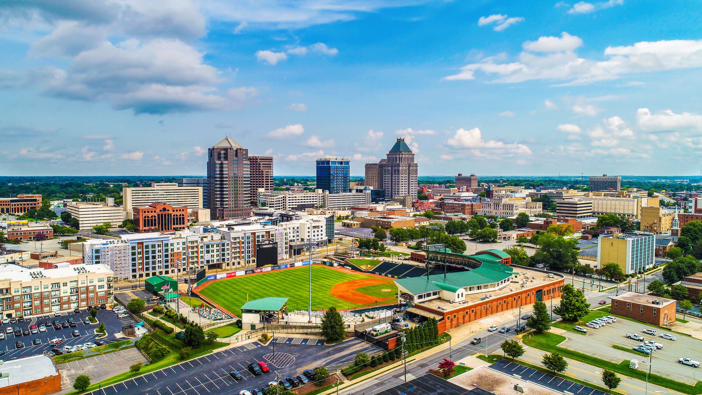 Greensboro, NC downtown and baseball park.