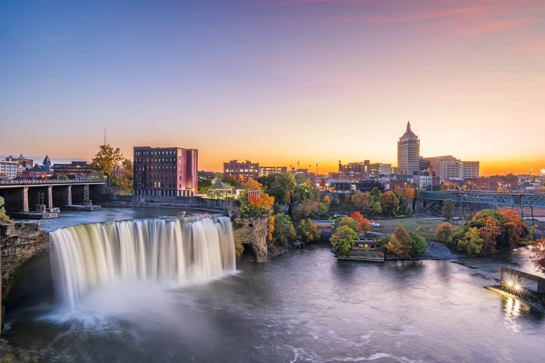 Rochester, NY downtown skyline and waterfall.